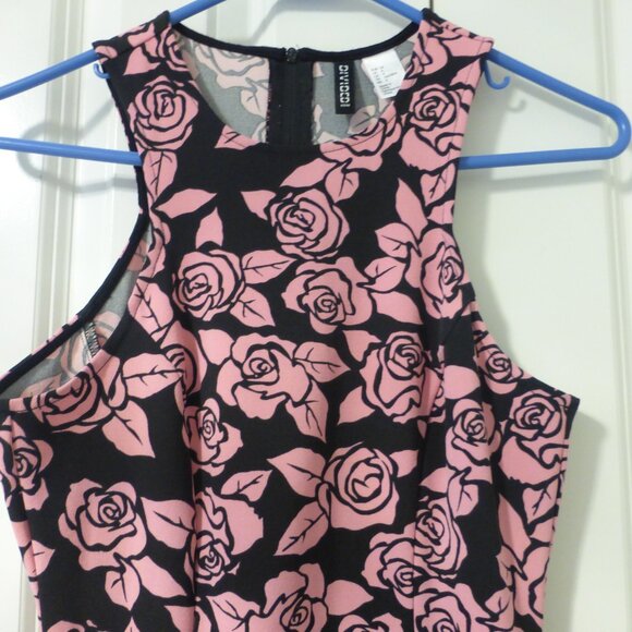 H&M Divided Pink and black rose print sleeveless form fitting dress - Picture 3 of 7